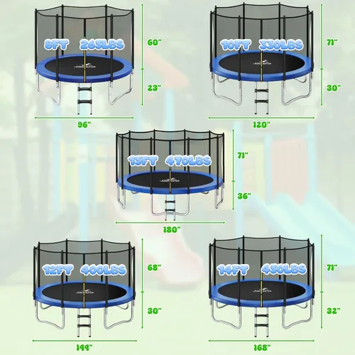 Miniatura 9 de JELENS Trampolín de 8 pies, 10 pies, 12 pies, 14 pies, 15 pies, trampolines para exteriores con red de cierre y escalera, trampolines recreativos