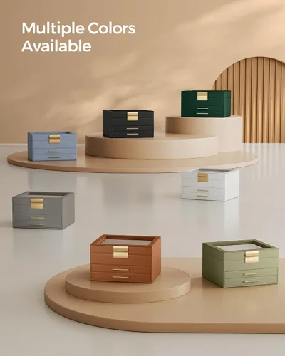 Miniatura 6 de SONGMICS Joyero organizador con tapa de cristal, almacenamiento de joyas de 3 capas, con 2 cajones, estilo moderno, regalo de Navidad, 8 x 9.1 x 5.3