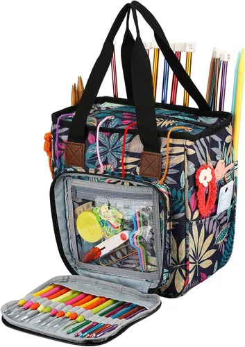 Miniatura 13 de Bolsa de almacenamiento de hilo para tejer, organizador de ganchillo de gran capacidad, bolsa de viaje portátil con correa para el hombro, estuche