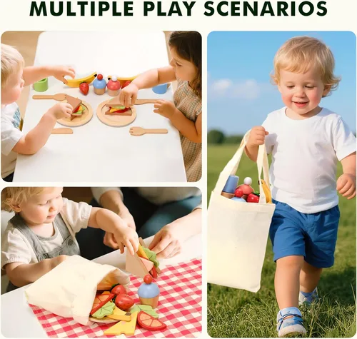Miniatura 6 de PairPear Juego de comida de juguete de madera para la cocina de los niños, 32 piezas de juguetes de simulación, juego de picnic con bolsa