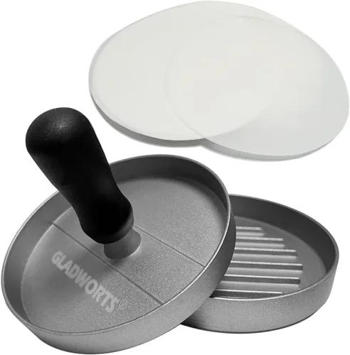 Hamburger Press Patty Maker de aluminio fundido + 100 papeles antiadherentes, prensa de hamburguesas de un cuarto de libra prensa de metal para