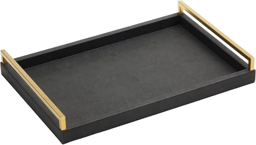 Miniatura 9 de Bandeja otomana de cuero de 17.8 x 11.8 pulgadas, bandeja grande para servir con asas doradas cepilladas para bares, fiestas, comedor, bandeja
