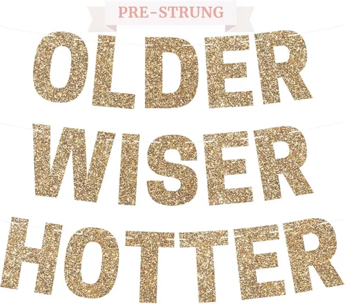 Miniatura 11 de Cartel preencordado de Older Wiser Hotter - No DIY - Cartel negro para fiesta de feliz cumpleaños con purpurina - Guirnalda preencordada en hebras