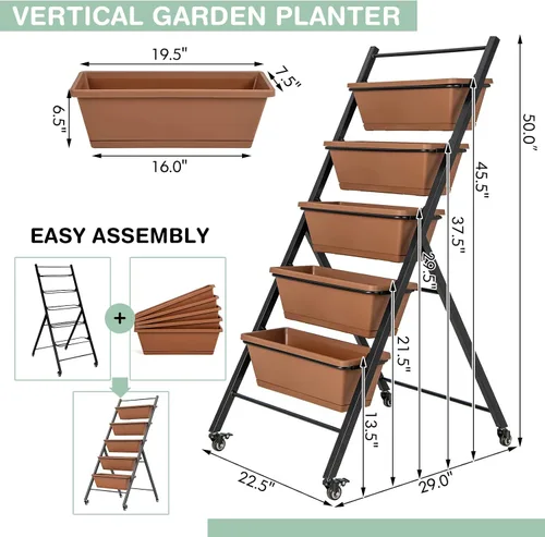 Miniatura 3 de Safstar - Macetero vertical de 5 niveles, cama de jardín elevada con 2 ruedas con bloqueo, 5 jardineras extraíbles, marco de metal, caja