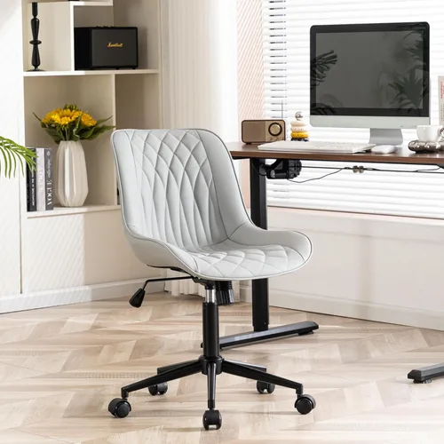 Miniatura 11 de YOUNIKE Silla de oficina ergonómica de piel sintética gris sin brazos, cómoda silla de escritorio con respaldo mecedor, bonita silla giratoria