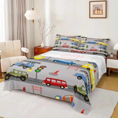 Miniatura 9 de Erosebridal Juego de sábanas de automóvil de dibujos animados para niños, juego de ropa de cama de camiones, tamaño individual, sábana bajera