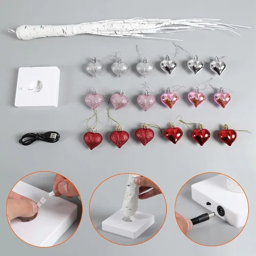 Miniatura 6 de Lámpara romántica de abedul en forma de corazón, árbol de abedul blanco iluminado con 24 luces LED y 18 corazones colgantes, decoración de mesa a