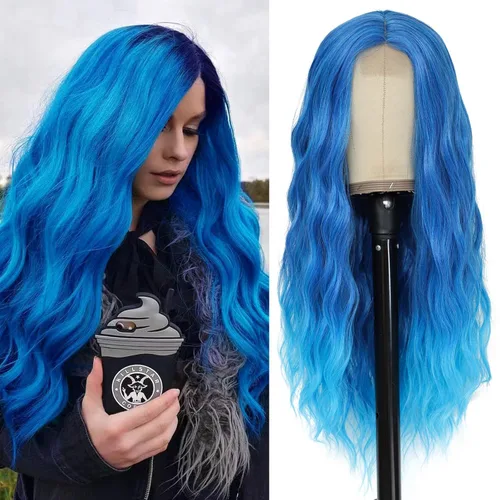 YBYMCAI - Peluca azul larga y ondulada para mujer, parte media, peluca azul degradada de 26 pulgadas, pelo natural rizado sintético, fibra Azul