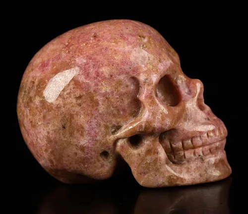 Miniatura 5 de Skullis Calavera de cristal de rodonita rosa y negra, escultura de arte fino de piedras preciosas talladas a mano, estatua de piedra curativa