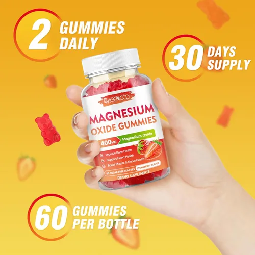 Miniatura 7 de Paquete de 2 gomitas de óxido de magnesio de 400 mg, suplemento de óxido de magnesio masticable para adultos y niños, apoyo nervioso y muscular, sin