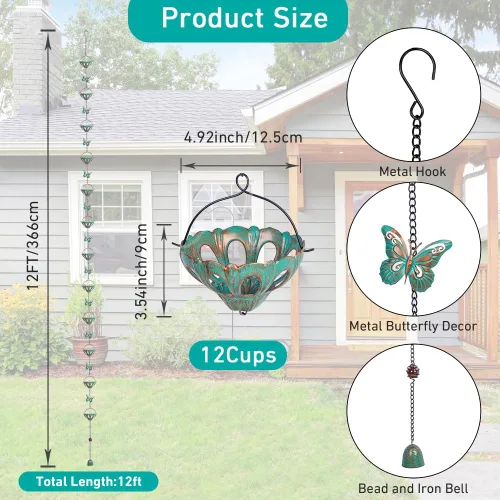 Miniatura 2 de Cadenas de lluvia de 12 pies para exteriores, cadena de lluvia de metal con decoración de mariposa, cadena recolectora de lluvia ajustable con Verde