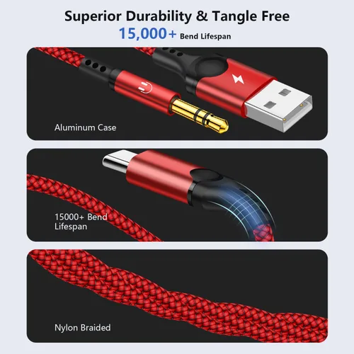 Miniatura 7 de Cable USB C a 3.5mm Aux con Cargador, Cable Estéreo Aux USB C a 3.5mm de 2 en 1 para Coche con Carga PD de 18W Compatible con iPhone 17/16/16e/15