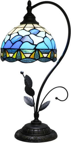 Miniatura 3 de Lámpara de mesa con base de hoja de metal de cristal de color azul de conchas estilo Tiffany, lámpara de mesa retro para dormitorio, sala de estar