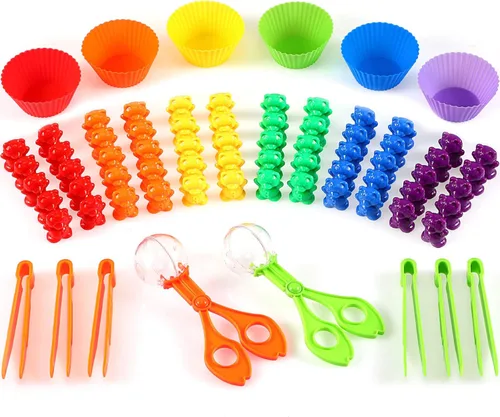 74 piezas de osos de clasificación de conteo, herramientas sensoriales para habilidades motoras finas, práctico juego de cucharas incluye 60 bonitos