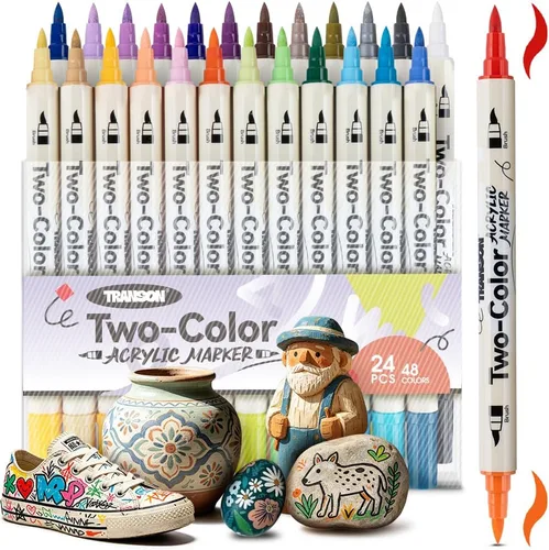 TRANSON Juego de marcadores de pintura acrílica de 48 colores, 24 bolígrafos de pintura acrílica de doble color con puntas de pincel versátiles para
