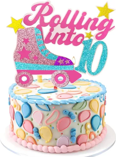 Decoración para tartas con temática de décimo cumpleaños de 10 años, decoración de cumpleaños de 10 años para niñas, patinaje sobre ruedas, fiesta