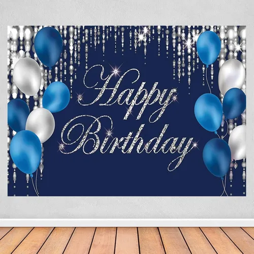 Miniatura 4 de Cartel de fondo de feliz cumpleaños azul marino y plateado para hombres, mujeres, fondo de fotografía de jubilación, suministros de decoración