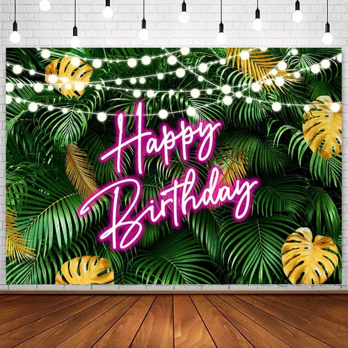 Sensfun Fondo de fotos de hojas de palma tropicales hawaianas con texto en inglés "Happy Birthday" Aloha Luau Rosa Neón Cumpleaños Hojas Verdes