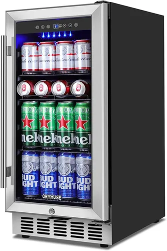 ORYMUSE Refrigerador de bebidas de 15 pulgadas, refrigerador para 130 latas bajo encimera con cerradura y puerta de vidrio, refrigerador de cerveza