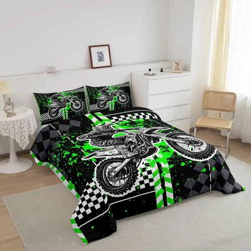 Miniatura 3 de Feelyou Kids Green Dirt Bike Duvet Insert Twin Size, Extreme Sports Comforter Set Boys Girls Motorbike Bedding Set Teens Bedroom Decor Microfiber