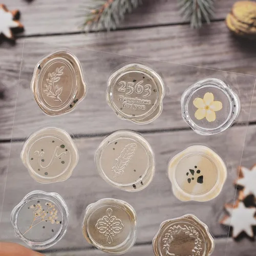 Miniatura 5 de Calcomanías de sello de cera ámbar transparente, 54 piezas de sellos de sobres con temática floral, calcomanías adhesivas para Navidad, invitaciones