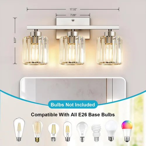 Miniatura 3 de GOLSPARK Modern Crystal Bathroom Vanity Light, Brushed Nickel Bathroom Lighting fixtures Over Mirror, 3-Light Vanity Light Fixtures, E26 Base Round