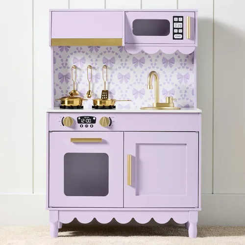 Miniatura 11 de Best Choice Products - Juguetes de madera para niños, cocina de simulación con almacenamiento, borde festoneado, 5 accesorios, microondas, horno