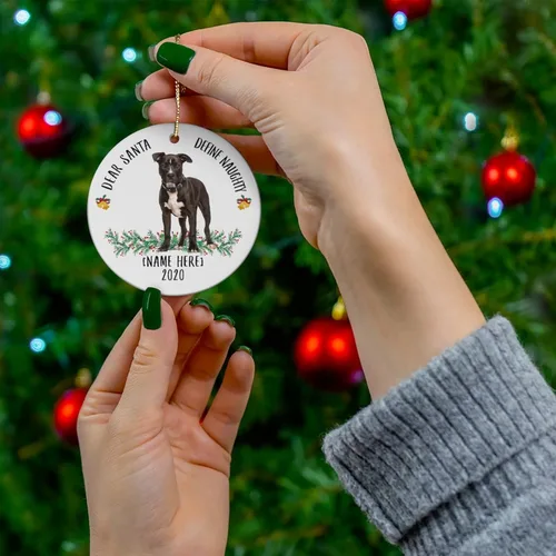 Miniatura 4 de Divertido nombre personalizado American Staffordshire Terrier Blanco Negro Dear Santa Define Naughty Gifts 2023 Adornos de árbol de Navidad círculo
