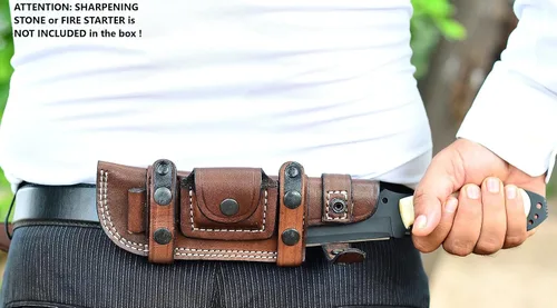 Miniatura 5 de Ottoza Cuchillo de caza de hoja fija con funda de cuero y transporte horizontal, cuchillo de supervivencia y campamento al aire libre de espiga
