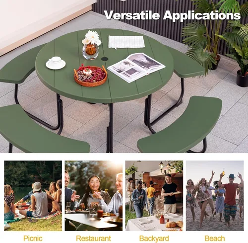 Miniatura 8 de Mesa de picnic Tangkula para 8 personas, mesa redonda para exteriores con 4 bancos incorporados, agujero para sombrilla, marco de metal y superficie