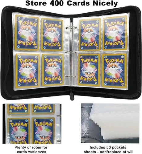 Miniatura 2 de Carpeta de tarjetas coleccionables de 4 bolsillos, 400 bolsillos para tarjetas de Pokémon con cremallera, 50 fundas compatible con tarjetas Negro