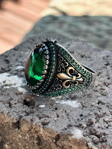 Miniatura 3 de Silver Handmade Ring, Emerald Stone Ring, Silver Green Zircon Stone Ring, Engraved Silver Ring, Ottoman Style Ring, Gift For Him