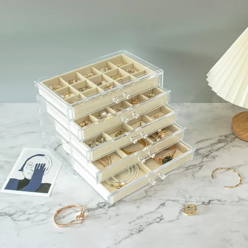 Miniatura 2 de KAMIER Caja organizadora de aretes con 5 cajones, caja organizadora de joyas de acrílico transparente para mujeres, juego de 20 bolsas de joyería