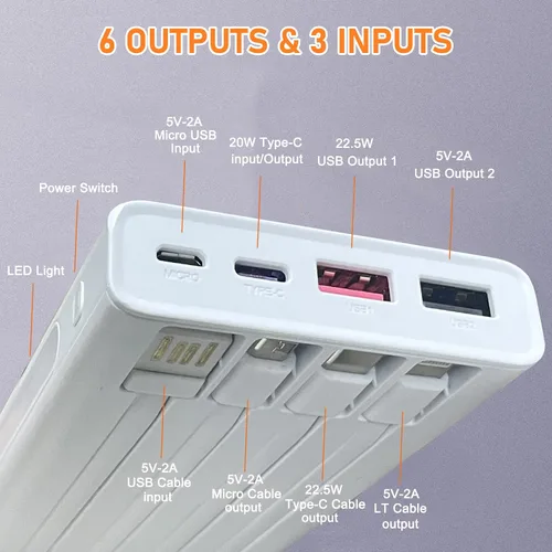 Miniatura 2 de Cargador portátil con cables integrados, banco de energía Mandarooker de 10000 mAh con lámpara LED, carga rápida, USB C, batería externa, cargador