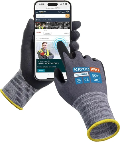 KAYGO Guantes de Trabajo de Seguridad con Revestimiento de Nitrilo de Microespuma, 3 Pares KG18NB, Guante de Nylon de Punto Sin Costuras con Dedos