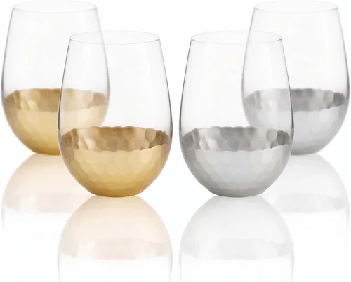 Miniatura 15 de Copas de vino sin tallo, juego de 2, 18 onzas, diseño de panal dorado