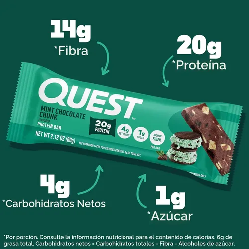 Miniatura 3 de Quest Nutrition Barra de proteína de trozos de chocolate menta, alto en proteínas, bajo en carbohidratos, sin gluten, apto para ceto, 12