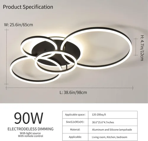Miniatura 4 de Lámpara de techo LED moderna de 90W regulable con control remoto, 5 anillos, lámpara de techo empotrada, candelabro acrílico negro LED para sala