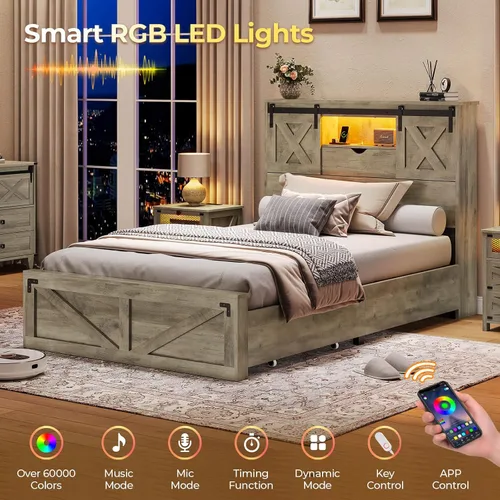 Miniatura 5 de Hasuit Marco de cama de granja tamaño individual con 2 cajones de almacenamiento, plataforma de madera con luces LED y estación de carga, cabecera