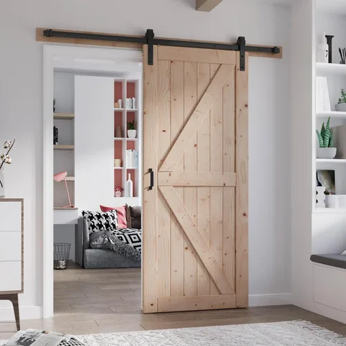 Miniatura 16 de FREDBECK - Puerta de granero de madera de 48 x 84 pulgadas con kit de herrajes para puerta de granero de 8 pies incluido, forma K, panel de abeto