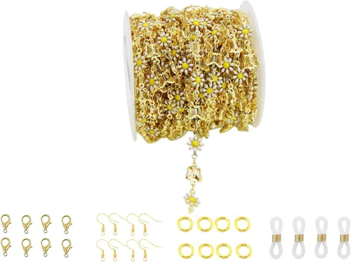 Miniatura 19 de Cadena de eslabones de girasol esmaltada hecha a mano con fornituras de latón chapado en oro para hacer joyas, máscara de vidrio, zapatos, Cc02