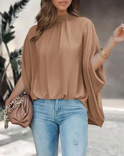 Miniatura 144 de BTFBM Blusas de verano para mujer, cuello alto falso, manga murciélago, holgadas, dobladillo alto y bajo, blusas informales de gran