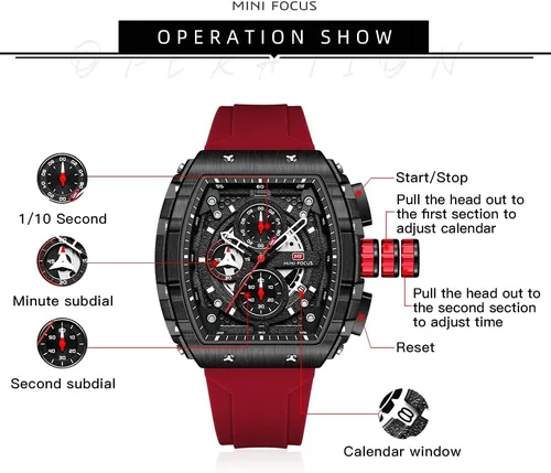 Miniatura 5 de Mini Focus - Reloj deportivo de moda para hombre (cronógrafo, impermeable, luminoso, calendario) con correa de silicona y cuarzo para hombre, Negro