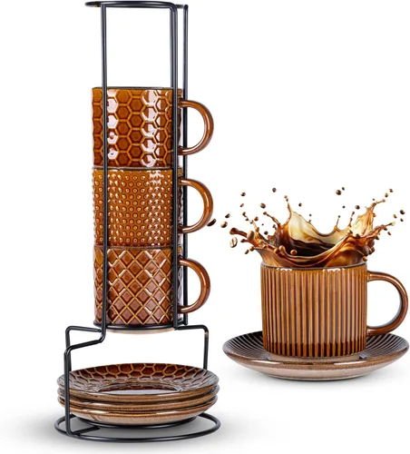 Miniatura 25 de GBhome Tazas de café apilables de 6 onzas, tazas de café de cerámica con patrones de textura para hombre, mujer, papá, mamá, juego de 4 tazas
