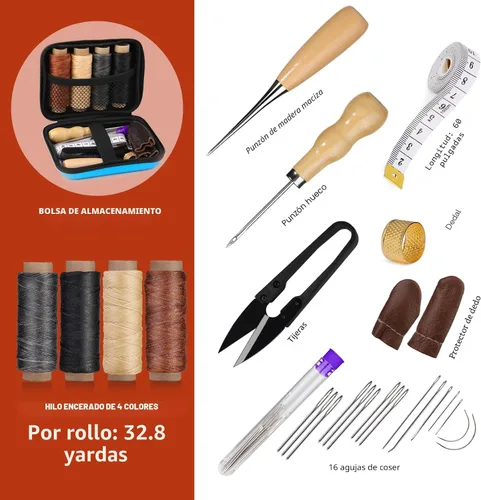 Miniatura 3 de Kit de costura de cuero MORFEN, kit de costura de cuero con punzón de costura, agujas, hilo encerado, kit de reparación de tapicería, herramientas