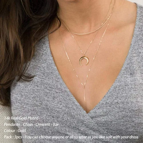 Miniatura 2 de Turandoss - Collares chapados en oro de 14 quilates para mujer, hechos a mano con múltiples capas de perlas de barra, moneda de disco, luna