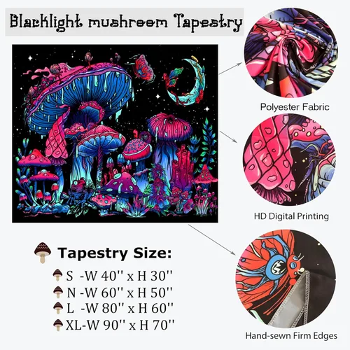 Miniatura 6 de TUGCAY Tapiz de hongos con luz negra, que brilla en la oscuridad, tapiz de plantas con luz negra, fantasía, hongo, mariposa, luna, reactivo a