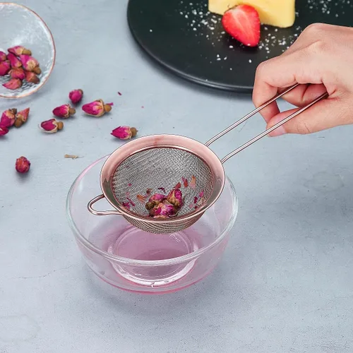 Miniatura 5 de Juego de 3 piezas de colador de malla fina de cobre, tamiz de harina de oro rosa para hornear, Clandro de acero inoxidable, Colador de té Matcha