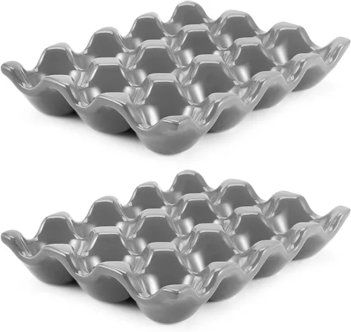 Miniatura 17 de Flexzion Organizador de huevos cerámico para nevera - Bandeja de huevos de 6 tazas, contenedor de porcelana para media docena, organizador de Gris
