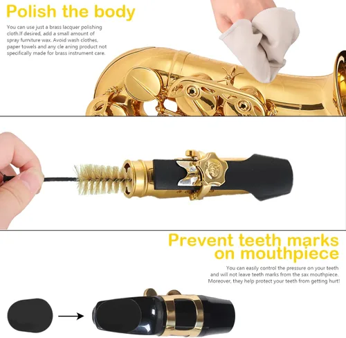 Miniatura 3 de Kits de limpieza de saxofón con estuche para instrumentos de trompeta, flauta de saxo y clarinete, 8 cojines de boquilla de saxofón, cepillo de Beige
